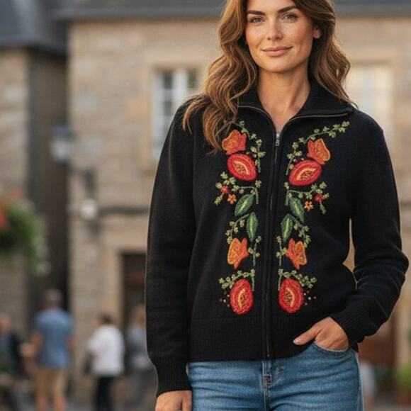 TIARA INTERNATIONAL Boho Floral Embroidered Full Zip Front Sweater - Size M - Picture 1 of 5